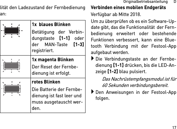 17Originalbetriebsanleitung      Dlität den Ladezustand der Fernbedienungan: Verbinden eines mobilen EndgerätsVerfügbar ab Mitte 2018.Um zu überprüfen ob es ein Software-Up-date gibt, das die Funktionalität  der Fern-bedienung erweitert oder bestehendeFunktionen verbessert, kann eine Blue-tooth Verbindung mit der Festool-Appaufgebaut werden.Die Verbindungstaste an der Fernbe-dienung [1-1] drücken, bis die LED-An-zeige [1-2] blau pulsiert. Das Nachrüstempfangsmodul ist für60 Sekunden verbindungsbereit.Den Anweisungen in der Festool-Appfolgen.1x  blaues BlinkenBetätigung der Verbin-dungstaste [1-1] oderder MAN-Taste [1-3]registriert.1x magenta BlinkenDer Reset der Fernbe-dienung ist erfolgt.rotes BlinkenDie Batterie der Fernbe-dienung ist fast leer und muss ausgetauscht wer-den.