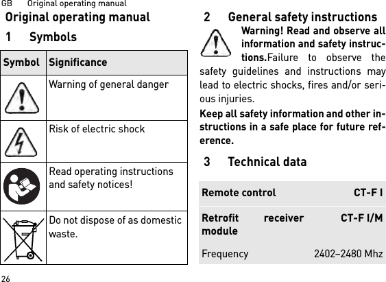 GB       Original operating manual26Original operating manual1Symbols2 General safety instructionsWarning! Read and observe allinformation and safety instruc-tions.Failure to observe thesafety guidelines and instructions maylead to electric shocks, fires and/or seri-ous injuries. Keep all safety information and other in-structions in a safe place for future ref-erence.3Technical dataSymbol SignificanceWarning of general dangerRisk of electric shockRead operating instructions and safety notices!Do not dispose of as domesticwaste.Remote control CT-F IRetrofit receivermoduleCT-F I/MFrequency 2402–2480 Mhz