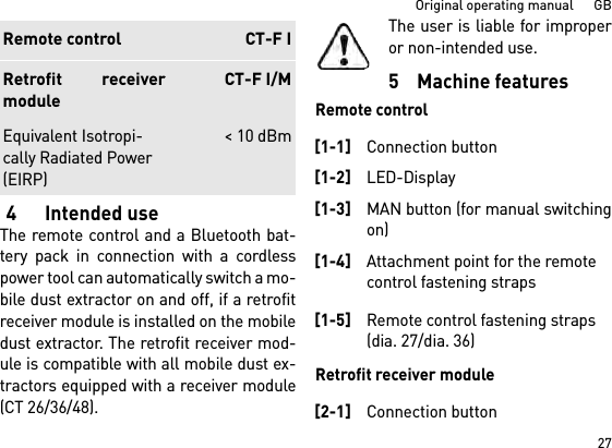 27Original operating manual      GB4 Intended useThe remote control and a Bluetooth bat-tery pack in connection with a cordlesspower tool can automatically switch a mo-bile dust extractor on and off, if a retrofitreceiver module is installed on the mobiledust extractor. The retrofit receiver mod-ule is compatible with all mobile dust ex-tractors equipped with a receiver module(CT 26/36/48).The user is liable for improperor non-intended use.5    Machine featuresRemote controlRetrofit receiver moduleEquivalent Isotropi-cally Radiated Power (EIRP) &lt; 10 dBmRemote control CT-F IRetrofit receivermoduleCT-F I/M[1-1]Connection button[1-2]LED-Display[1-3]MAN button (for manual switchingon)[1-4]Attachment point for the remote control fastening straps[1-5]Remote control fastening straps (dia. 27/dia. 36)[2-1]Connection button