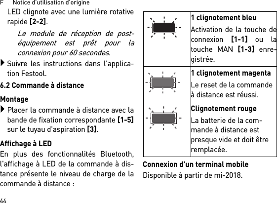 F      Notice d’utilisation d’origine44LED clignote avec une lumière rotativerapide [2-2]. Le module de réception de post-équipement est prêt pour laconnexion pour 60 secondes.Suivre les instructions dans l&apos;applica-tion Festool.6.2 Commande à distanceMontagePlacer la commande à distance avec labande de fixation correspondante [1-5]sur le tuyau d&apos;aspiration [3].Affichage à LEDEn plus des fonctionnalités Bluetooth,l&apos;affichage à LED de la commande à dis-tance présente le niveau de charge de lacommande à distance : Connexion d&apos;un terminal mobileDisponible à partir de mi-2018.1 clignotement bleuActivation de la touche deconnexion [1-1] ou latouche MAN [1-3] enre-gistrée.1 clignotement magentaLe reset de la commande à distance est réussi.Clignotement rougeLa batterie de la com-mande à distance est presque vide et doit être remplacée.