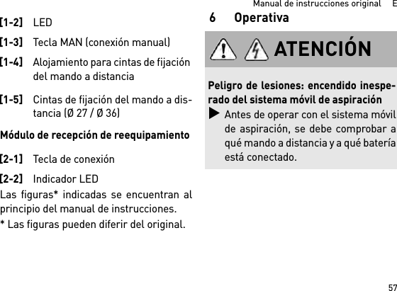 57Manual de instrucciones original     EMódulo de recepción de reequipamientoLas figuras* indicadas se encuentran alprincipio del manual de instrucciones.* Las figuras pueden diferir del original.6Operativa[1-2]LED[1-3]Tecla MAN (conexión manual)[1-4]Alojamiento para cintas de fijación del mando a distancia[1-5]Cintas de fijación del mando a dis-tancia (Ø 27 / Ø 36)[2-1]Tecla de conexión[2-2]Indicador LEDATENCIÓNPeligro de lesiones: encendido inespe-rado del sistema móvil de aspiraciónAntes de operar con el sistema móvilde aspiración, se debe comprobar aqué mando a distancia y a qué bateríaestá conectado.