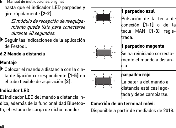 E     Manual de instrucciones original60hasta que el indicador LED parpadee ygire rápidamente [2-2]. El módulo de recepción de reequipa-miento queda listo para conectarsedurante 60 segundos.Seguir las indicaciones de la aplicaciónde Festool.6.2 Mando a distanciaMontajeColocar el mando a distancia con la cin-ta de fijación correspondiente [1-5] enel tubo flexible de aspiración [3].Indicador LEDEl indicador LED del mando a distancia in-dica, además de la funcionalidad Bluetoo-th, el estado de carga de dicho mando: Conexión de un terminal móvilDisponible a partir de mediados de 2018.1 parpadeo azulPulsación de la tecla deconexión [1-1] o de latecla MAN [1-3] regis-trada.1 parpadeo magentaSe ha reiniciado correcta-mente el mando a distan-cia.parpadeo rojoLa batería del mando a distancia está casi ago-tada y debe cambiarse.