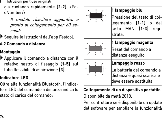 I       Istruzioni per l&apos;uso originali76gia ruotando rapidamente [2-2]. &lt;Po-sNumber/&gt;Il modulo ricevitore aggiuntivo èpronto al collegamento per 60 se-condi.Seguire le istruzioni dell&apos;app Festool.6.2 Comando a distanzaMontaggioApplicare il comando a distanza con ilrelativo nastro di fissaggio [1-5] sultubo flessibile di aspirazione [3].Indicatore LEDOltre alla funzionalità Bluetooth, l&apos;indica-tore LED del comando a distanza indica lostato di carica del comando: Collegamento di un dispositivo portatileDisponibile da metà 2018.Per controllare se è disponibile un updatedel software per ampliare la funzionalità1 lampeggio bluPressione del tasto di col-legamento [1-1] o deltasto MAN [1-3] regi-strata.1 lampeggio magentaReset del comando a distanza eseguito.Lampeggio rossoLa batteria del comando a distanza è quasi scarica e deve essere sostituita.