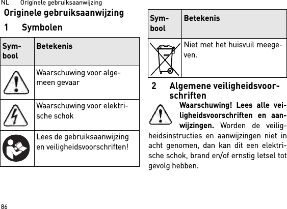 NL       Originele gebruiksaanwijzing 86Originele gebruiksaanwijzing1Symbolen2 Algemene veiligheidsvoor-schriftenWaarschuwing! Lees alle vei-ligheidsvoorschriften en aan-wijzingen. Worden de veilig-heidsinstructies en aanwijzingen niet inacht genomen, dan kan dit een elektri-sche schok, brand en/of ernstig letsel totgevolg hebben. Sym-boolBetekenisWaarschuwing voor alge-meen gevaarWaarschuwing voor elektri-sche schokLees de gebruiksaanwijzing en veiligheidsvoorschriften!Niet met het huisvuil meege-ven.Sym-boolBetekenis