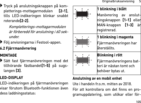 105Originalbruksanvisning      STryck på anslutningsknappen på kom-pletterings-mottagarmodulen [2-1],tills LED-indikeringen blinkar snabbtroterande[2-2].Kompletterings-mottagarmodulenär förberedd för anslutning i 60 sek-under.Följ anvisningarna i Festool-appen.6.2 FjärrmanövreringMONTAGESätt fast fjärrmanövreringen med dettillhörande fästbandet[1-5] på sugs-langen [3].LED-DISPLAYLED-indikeringen på fjärrmanövreringenvisar förutom Bluetooth-funktionen ävendess laddningsstatus: Anslutning av en mobil enhetUte i handeln fr.o.m. mitten av 2018.För att kontrollera om det finns en pro-gramuppdatering, som utökar eller för-1 blinkning i blåttManövrering av anslut-ningsknappen [1-1] ellerMAN-knappen [1-3] ärregistrerad.1 blinkning i magentaFjärrmanövreringen har återställts.Blinkning i röttFjärrmanövreringens bat-teri är nästan tomt och behöver bytas ut.