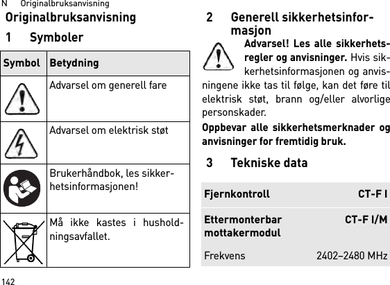 N      Originalbruksanvisning142Originalbruksanvisning1Symboler2 Generell sikkerhetsinfor-masjonAdvarsel! Les alle sikkerhets-regler og anvisninger. Hvis sik-kerhetsinformasjonen og anvis-ningene ikke tas til følge, kan det føre tilelektrisk støt, brann og/eller alvorligepersonskader. Oppbevar alle sikkerhetsmerknader oganvisninger for fremtidig bruk.3Tekniske dataSymbol BetydningAdvarsel om generell fareAdvarsel om elektrisk støtBrukerhåndbok, les sikker-hetsinformasjonen!Må ikke kastes i hushold-ningsavfallet.Fjernkontroll CT-F IEttermonterbarmottakermodulCT-F I/MFrekvens 2402–2480 MHz