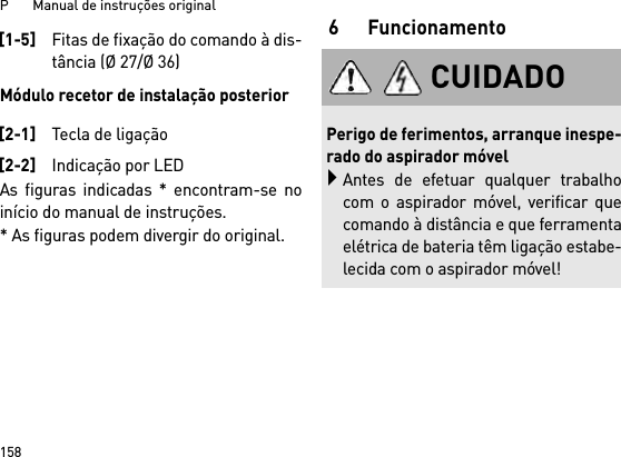 P       Manual de instruções original158Módulo recetor de instalação posteriorAs figuras indicadas * encontram-se noinício do manual de instruções.* As figuras podem divergir do original.6Funcionamento[1-5]Fitas de fixação do comando à dis-tância (Ø 27/Ø 36)[2-1]Tecla de ligação[2-2]Indicação por LEDCUIDADOPerigo de ferimentos, arranque inespe-rado do aspirador móvelAntes de efetuar qualquer trabalhocom o aspirador móvel, verificar quecomando à distância e que ferramentaelétrica de bateria têm ligação estabe-lecida com o aspirador móvel!