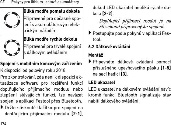 CZ       Pokyny pro lithium-iontové akumulátory174Spojení s mobilním koncovým zařízenímK dispozici od poloviny roku 2018.Pro zkontrolování, zda není k dispozici ak-tualizace softwaru pro rozšíření funkcídoplňujícího přijímacího modulu nebozlepšení stávajících funkcí, lze navázatspojení s aplikací Festool přes Bluetooth.Držte stisknuté tlačítko pro spojení nadoplňujícím přijímacím modulu [2-1],dokud LED ukazatel nebliká rychle do-kola [2-2]. Doplňující přijímací modul je na60 sekund připravený ke spojení.Postupujte podle pokynů v aplikaci Fes-tool.6.2 Dálkové ovládáníMontážPřipevněte dálkové ovládání pomocípříslušného upevňovacího pásku [1-5]na sací hadici [3].LED ukazatelLED ukazatel na dálkovém ovládání navíckromě funkcí Bluetooth signalizuje stavnabití dálkového ovládání: Bliká modře pomalu dokolaPřipravené pro dočasné spo-jení s akumulátorovým elek-trickým nářadímBliká modře rychle dokolaPřipravené pro trvalé spojení sdálkovým ovládáním