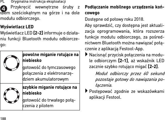 PL       Oryginalna instrukcja eksploatacji 188Przykręcić wewnętrzne śruby złbem sześciokątnym na górze i na dolemodułu odbiorczego.Wyświetlacz LEDWyświetlacz LED [2-2] informuje o działa-niu funkcji Bluetooth modułu odbiorcze-go: Podłączanie mobilnego urządzenia koń-cowegoDostępne od połowy roku 2018.Aby sprawdzić, czy dostępna jest aktuali-zacja oprogramowania, która rozszerzafunkcje modułu odbiorczego, za pośred-nictwem Bluetooth można nawiązać połą-czenie z aplikacją Festool-App.Nacisnąć przycisk połączenia na modu-le odbiorczym [2-1], aż wskaźnik LEDzacznie szybko rotująco migać [2-2]. Moduł odbiorczy przez 60 sekundpozostaje gotowy do nawiązania po-łączenia.Postępować zgodnie ze wskazówkamiaplikacji Festool.powolne miganie rotujące na niebieskogotowość do tymczasowego połączenia z elektronarzę-dziem akumulatorowymszybkie miganie rotujące na niebieskogotowość do trwałego połą-czenia z pilotem