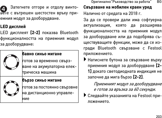 203Оригинално“Ръководство за работа”      BGЗатегнете отгоре и отдолу винто-вете с вътрешен шестостен връху при-емния модул за дооборудване.LED дисплейLED дисплеят [2-2] показва Bluetoothфункционалността на приемния модулза дооборудване: Свързване на мобилен краен уредНалично от средата на 2018 г.За да се провери дали има софтуернаактуализация, която да разширявафункционалността на приемния модулза дооборудване или да подобрява съ-ществуващите функции, може да се из-гради Bluetooth свързване с Festoolприложението.Натиснете бутона за свързване върхуприемния модул за дооборудване [2-1] докато светодиодната индикция незапочне да мига бързо [2-2]. Приемният модул за дооборудванее готов за връзка за 60 секунди.Следвайте указанията на Fеstool при-ложението.бавно синьо миганеготов за временно свърз-ване на акумулаторна елек-трическа машинабързо синьо миганеготов за постоянно свързвне на дистанционно управле-ние