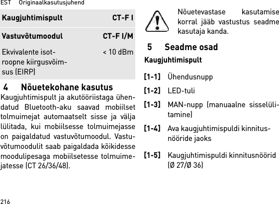 EST     Originaalkasutusjuhend2164 Nõuetekohane kasutusKaugjuhtimispult ja akutööriistaga ühen-datud Bluetooth-aku saavad mobiilsettolmuimejat automaatselt sisse ja väljalülitada, kui mobiilsesse tolmuimejasseon paigaldatud vastuvõtumoodul. Vastu-võtumoodulit saab paigaldada kõikidessemoodulipesaga mobiilsetesse tolmuime-jatesse (CT 26/36/48).Nõuetevastase kasutamisekorral jääb vastustus seadmekasutaja kanda.5 Seadme osadKaugjuhtimispultEkvivalente isot-roopne kiirgusvõim-sus (EIRP)&lt; 10 dBmKaugjuhtimispult CT-F IVastuvõtumoodul CT-F I/M[1-1]Ühendusnupp[1-2]LED-tuli[1-3]MAN-nupp (manuaalne sisselüli-tamine)[1-4]Ava kaugjuhtimispuldi kinnitus-nööride jaoks[1-5]Kaugjuhtimispuldi kinnitusnöörid (Ø 27/Ø 36)