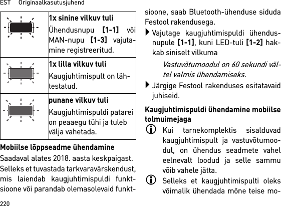 EST     Originaalkasutusjuhend220Mobiilse lõppseadme ühendamineSaadaval alates 2018. aasta keskpaigast.Selleks et tuvastada tarkvaravärskendust,mis laiendab kaugjuhtimispuldi funkt-sioone või parandab olemasolevaid funkt-sioone, saab Bluetooth-ühenduse sidudaFestool rakendusega.Vajutage kaugjuhtimispuldi ühendus-nupule [1-1], kuni LED-tuli [1-2] hak-kab siniselt vilkumaVastuvõtumoodul on 60 sekundi väl-tel valmis ühendamiseks.Järgige Festool rakenduses esitatavaidjuhiseid.Kaugjuhtimispuldi ühendamine mobiilsetolmuimejagaKui tarnekomplektis sisalduvadkaugjuhtimispult ja vastuvõtumoo-dul, on ühendus seadmete vaheleelnevalt loodud ja selle sammuvõib vahele jätta.Selleks et kaugjuhtimispulti oleksvõimalik ühendada mõne teise mo-1x sinine vilkuv tuliÜhendusnupu [1-1] võiMAN-nupu [1-3] vajuta-mine registreeritud.1x lilla vilkuv tuliKaugjuhtimispult on läh-testatud.punane vilkuv tuliKaugjuhtimispuldi patarei on peaaegu tühi ja tuleb välja vahetada.