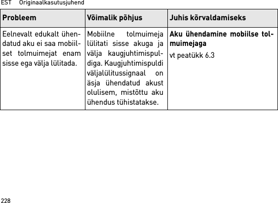 EST     Originaalkasutusjuhend228Eelnevalt edukalt ühen-datud aku ei saa mobiil-set tolmuimejat enamsisse ega välja lülitada.Mobiilne tolmuimejalülitati sisse akuga javälja kaugjuhtimispul-diga. Kaugjuhtimispuldiväljalülitussignaal onäsja ühendatud akustolulisem, mistõttu akuühendus tühistatakse.Aku ühendamine mobiilse tol-muimejagavt peatükk 6.3Probleem Võimalik põhjus Juhis kõrvaldamiseks