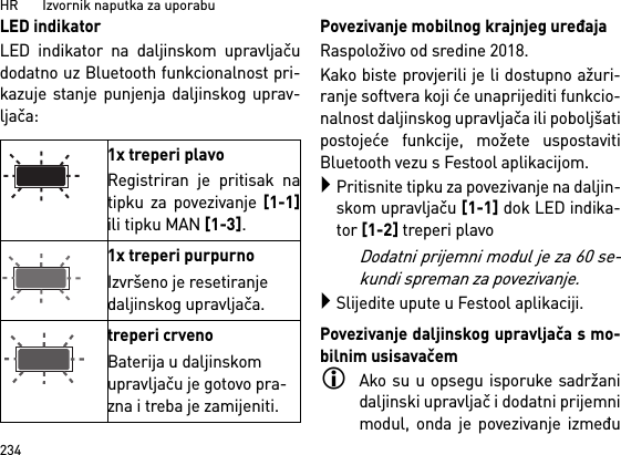 HR       Izvornik naputka za uporabu234LED indikatorLED indikator na daljinskom upravljačudodatno uz Bluetooth funkcionalnost pri-kazuje stanje punjenja daljinskog uprav-ljača:Povezivanje mobilnog krajnjeg uređajaRaspoloživo od sredine 2018.Kako biste provjerili je li dostupno ažuri-ranje softvera koji će unaprijediti funkcio-nalnost daljinskog upravljača ili poboljšatipostojeće funkcije, možete uspostavitiBluetooth vezu s Festool aplikacijom.Pritisnite tipku za povezivanje na daljin-skom upravljaču [1-1] dok LED indika-tor [1-2] treperi plavoDodatni prijemni modul je za 60 se-kundi spreman za povezivanje.Slijedite upute u Festool aplikaciji.Povezivanje daljinskog upravljača s mo-bilnim usisavačemAko su u opsegu isporuke sadržanidaljinski upravljač i dodatni prijemnimodul, onda je povezivanje između1x treperi plavoRegistriran je pritisak natipku za povezivanje [1-1]ili tipku MAN [1-3].1x treperi purpurnoIzvršeno je resetiranje daljinskog upravljača.treperi crvenoBaterija u daljinskom upravljaču je gotovo pra-zna i treba je zamijeniti.