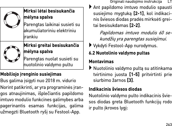 263Originali naudojimo instrukcija      LTMobiliojo įrenginio susiejimasBus galima įsigyti nuo 2018 m. vidurioNorint patikrinti, ar yra programinės įran-gos atnaujinimas, išplečiantis papildomoimtuvo modulio funkcines galimybes arbapagerinantis esamas funkcijas, galimaužmegzti Bluetooth ryšį su Festool-App.Ant papildomo imtuvo modulio spaustisusiejimo mygtuką [2-1], kol indikaci-nis šviesos diodas pradės mirksėti grei-tai besisukdamas [2-2]. Papildomas imtuvo modulis 60 se-kundžių yra parengtas susiejimui.Vykdyti Festool-App nurodymus.6.2 Nuotolinio valdymo pultasMontavimasNuotolinio valdymo pultą su atitinkamatvirtinimo juosta [1-5] pritvirtinti priesiurbimo žarnos [3].Indikacinis šviesos diodasNuotolinio valdymo pulto indikacinis švie-sos diodas greta Bluetooth funkcijų rodoir pulto įkrovos lygį: Mirksi lėtai besisukančia mėlyna spalvaParengtas laikinai susieti su akumuliatoriniu elektriniu įrankiuMirksi greitai besisukančia mėlyna spalvaParengtas nuolat susieti su nuotolinio valdymo pultu