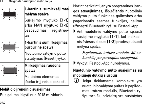 LT       Originali naudojimo instrukcija264Mobiliojo įrenginio susiejimasBus galima įsigyti nuo 2018 m. vidurioNorint patikrinti, ar yra programinės įran-gos atnaujinimas, išplečiantis nuotoliniovaldymo pulto funkcines galimybes arbapagerinantis esamas funkcijas, galimaužmegzti Bluetooth ryšį su Festool-App.Ant nuotolinio valdymo pulto spaustisusiejimo mygtuką [1-1], kol indikaci-nis šviesos diodas [1-2] pradės pulsuotimėlyna spalva.Papildomas imtuvo modulis 60 se-kundžių yra parengtas susiejimui.Vykdyti Festool-App nurodymus.Nuotolinio valdymo pulto susiejimas sumobiliuoju dulkių siurbliuJeigu tiekiamame komplekte yranuotolinio valdymo pultas ir papildo-mas imtuvo modulis, Bluetooth ry-šys tarp šių prietaisų yra nustatytas1-kartinis sumirksėjimasmėlyna spalvaSusiejimo mygtuko [1-1]arba MAN mygtuko [1-3]paspaudimas registruo-tas.1-kartinis sumirksėjimas purpurine spalvaNuotolinio valdymo pulto atstatymas (Reset) įvyko.Mirksėjimas raudona spalvaMaitinimo elementas išseko ir jį reikia pakeisti.