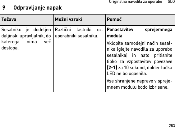 283Originalna navodila za uporabo      SLO9 Odpravljanje napakTežava Možni vzroki PomočSesalniku je dodeljendaljinski upravljalnik, dokaterega nima večdostopa.Različni lastniki oz.uporabniki sesalnika.Ponastavitev sprejemnegamodulaVklopite samodejni način sesal-nika (glejte navodila za uporabosesalnika) in nato pritisnitetipko za vzpostavitev povezave[2-1] za 10 sekund, dokler lučkaLED ne bo ugasnila.Vse shranjene naprave v spreje-mnem modulu bodo izbrisane. 