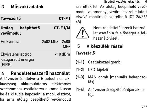 287Eredeti kezelési utasítás      H3 Műszaki adatok4 Rendeltetésszerű használatA távvezérlő, illetve a Bluetooth-os ak-kuegység akkumulátoros elektromosszerszámhoz csatlakozva automatikusanbe és ki tudja kapcsolni a mobil elszívót,ha arra utólag beépíthető vevőmodultszereltek fel. Az utólag beépíthető vevő-modul valamennyi, vevőrekesszel ellátottelszívó mobilra felszerelhető (CT 26/36/48).Nem rendeltetésszerű haszná-lat esetén a felelősséget a fel-használó viseli.5 A készülék részeiTávvezérlőTávvezérlő CT-F IUtólag beépíthetővevőmodulCT-F I/MFrekvencia 2402 Mhz – 2480MhzEkvivalens izotrop kisugárzott energia (EIRP) &lt;10 dBm[1-1]Csatlakozási gomb[1-2]LED-kijelző[1-3]MAN gomb (manuális bekapcso-lás)[1-4]A távvezérlő rögzítőpántjainak tar-tója