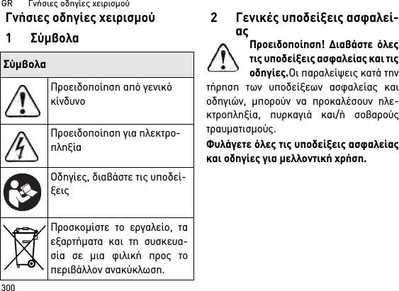 GR       Γνήσιες οδηγίες χειρισμού300Γνήσιες οδηγίες χειρισμού1Σύμβολα2 Γενικές υποδείξεις ασφαλεί-αςΠροειδοποίηση! Διαβάστε όλεςτις υποδείξεις ασφαλείας και τιςοδηγίες.Οι παραλείψεις κατά τηντήρηση των υποδείξεων ασφαλείας καιοδηγιών, μπορούν να προκαλέσουν ηλε-κτροπληξία, πυρκαγιά και/ή σοβαρούςτραυματισμούς. Φυλάγετε όλες τις υποδείξεις ασφαλείαςκαι οδηγίες για μελλοντική χρήση.ΣύμβολαΠροειδοποίηση από γενικό κίνδυνοΠροειδοποίηση για ηλεκτρο-πληξίαΟδηγίες, διαβάστε τις υποδεί-ξειςΠροσκομίστε το εργαλείο, ταεξαρτήματα και τη συσκευα-σία σε μια φιλική προς τοπεριβάλλον ανακύκλωση.