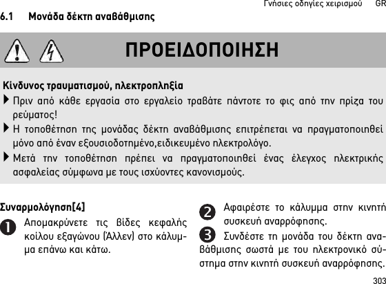 303Γνήσιες οδηγίες χειρισμού      GR6.1 Μονάδα δέκτη αναβάθμισηςΣυναρμολόγηση[4] Απομακρύνετε τις βίδες κεφαλήςκοίλου εξαγώνου (Άλλεν) στο κάλυμ-μα επάνω και κάτω.Αφαιρέστε το κάλυμμα στην κινητήσυσκευή αναρρόφησης.Συνδέστε τη μονάδα του δέκτη ανα-βάθμισης σωστά με του ηλεκτρονικό σύ-στημα στην κινητή συσκευή αναρρόφησης.ΠΡΟΕΙΔΟΠΟΙΗΣΗΚίνδυνος τραυματισμού, ηλεκτροπληξίαΠριν από κάθε εργασία στο εργαλείο τραβάτε πάντοτε το φις από την πρίζα τουρεύματος!Η τοποθέτηση της μονάδας δέκτη αναβάθμισης επιτρέπεται να πραγματοποιηθείμόνο από έναν εξουσιοδοτημένο,ειδικευμένο ηλεκτρολόγο.Μετά την τοποθέτηση πρέπει να πραγματοποιηθεί ένας έλεγχος ηλεκτρικήςασφαλείας σύμφωνα με τους ισχύοντες κανονισμούς.