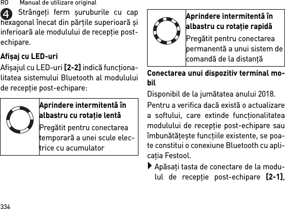 RO       Manual de utilizare original334Strângeţi ferm şuruburile cu caphexagonal înecat din părţile superioară şiinferioară ale modulului de recepţie post-echipare.Afişaj cu LED-uriAfişajul cu LED-uri [2-2] indică funcţiona-litatea sistemului Bluetooth al modululuide recepţie post-echipare: Conectarea unui dispozitiv terminal mo-bilDisponibil de la jumătatea anului 2018.Pentru a verifica dacă există o actualizarea softului, care extinde funcţionalitateamodulului de recepţie post-echipare sauîmbunătăţeşte funcţiile existente, se poa-te constitui o conexiune Bluetooth cu apli-caţia Festool.Apăsaţi tasta de conectare de la modu-lul de recepţie post-echipare [2-1],Aprindere intermitentă în albastru cu rotaţie lentăPregătit pentru conectarea temporară a unei scule elec-trice cu acumulatorAprindere intermitentă în albastru cu rotaţie rapidăPregătit pentru conectarea permanentă a unui sistem de comandă de la distanţă