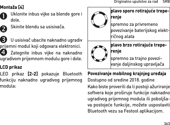 363Originalno uputstvo za rad     SRBMontaža [4] Uklonite inbus vijke sa blende gore idole.Skinite blendu sa usisivača.U usisivač ubacite naknadno ugradivprijemni modul koji odgovara elektronici.Zategnite inbus vijke na naknadnougradivom prijemnom modulu gore i dole.LCD prikazLED prikaz [2-2] pokazuje Bluetoothfunkciju naknadno ugradivog prijemnogmodula: Povezivanje mobilnog krajnjeg uređajaDostupno od sredine 2018. godineKako biste proverili da li postoji ažuriranjesoftvera koje proširuje funkcije naknadnougradivog prijemnog modula ili poboljša-va postojeće funkcije, možete uspostavitiBluetooth vezu sa Festool aplikacijom.plavo sporo rotirajuće trepe-renjespremno za privremeno povezivanje baterijskog elekt-ričnog alataplavo brzo rotirajuće trepe-renjespremno za trajno povezi-vanje daljinskog upravljača