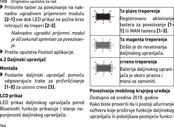 SRB    Originalno uputstvo za rad364Pritisnite taster za povezivanje na nak-nadno ugradivom prijemnom modulu[2-1] sve dok LED prikaz ne počne brzorotirajući da treperi [2-2]. Naknadno ugradivi prijemni modulje 60 sekundi spreman za povezivan-je.Pratite uputstva Festool aplikacije.6.2 Daljinski upravljačMontažaPostavite daljinski upravljač pomoćuodgovarajuće trake za pričvršćivanje[1-5] za usisno crevo [3].LCD prikazLED prikaz daljinskog upravljača poredBluetooth funkcije prikazuje i stanje na-punjenosti daljinskog upravljača: Povezivanje mobilnog krajnjeg uređajaDostupno od sredine 2018. godineKako biste proverili da li postoji ažuriranjesoftvera koje proširuje funkcije daljinskogupravljača ili poboljšava postojeće funkci-1x plavo treperenjeRegistrovano aktiviranjetastera za povezivanje [1-1] ili MAN tastera [1-3].1x magenta treperenjeDošlo je do resetovanja daljinskog upravljača.crveno treperenjeBaterija daljinskog upravl-jača je skoro prazna i mora se zameniti.