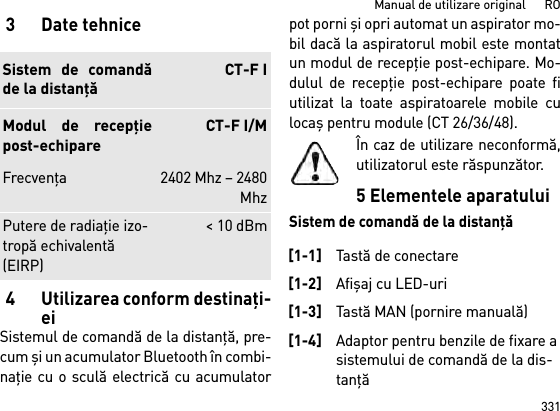 331Manual de utilizare original      RO3 Date tehnice4 Utilizarea conform destinaţi-eiSistemul de comandă de la distanţă, pre-cum şi un acumulator Bluetooth în combi-naţie cu o sculă electrică cu acumulatorpot porni şi opri automat un aspirator mo-bil dacă la aspiratorul mobil este montatun modul de recepţie post-echipare. Mo-dulul de recepţie post-echipare poate fiutilizat la toate aspiratoarele mobile culocaş pentru module (CT 26/36/48).În caz de utilizare neconformă,utilizatorul este răspunzător.5 Elementele aparatuluiSistem de comandă de la distanţăSistem de comandăde la distanţăCT-F IModul de recepţiepost-echipareCT-F I/MFrecvenţa 2402 Mhz – 2480MhzPutere de radiaţie izo-tropă echivalentă (EIRP) &lt; 10 dBm[1-1]Tastă de conectare[1-2]Afişaj cu LED-uri[1-3]Tastă MAN (pornire manuală)[1-4]Adaptor pentru benzile de fixare a sistemului de comandă de la dis-tanţă