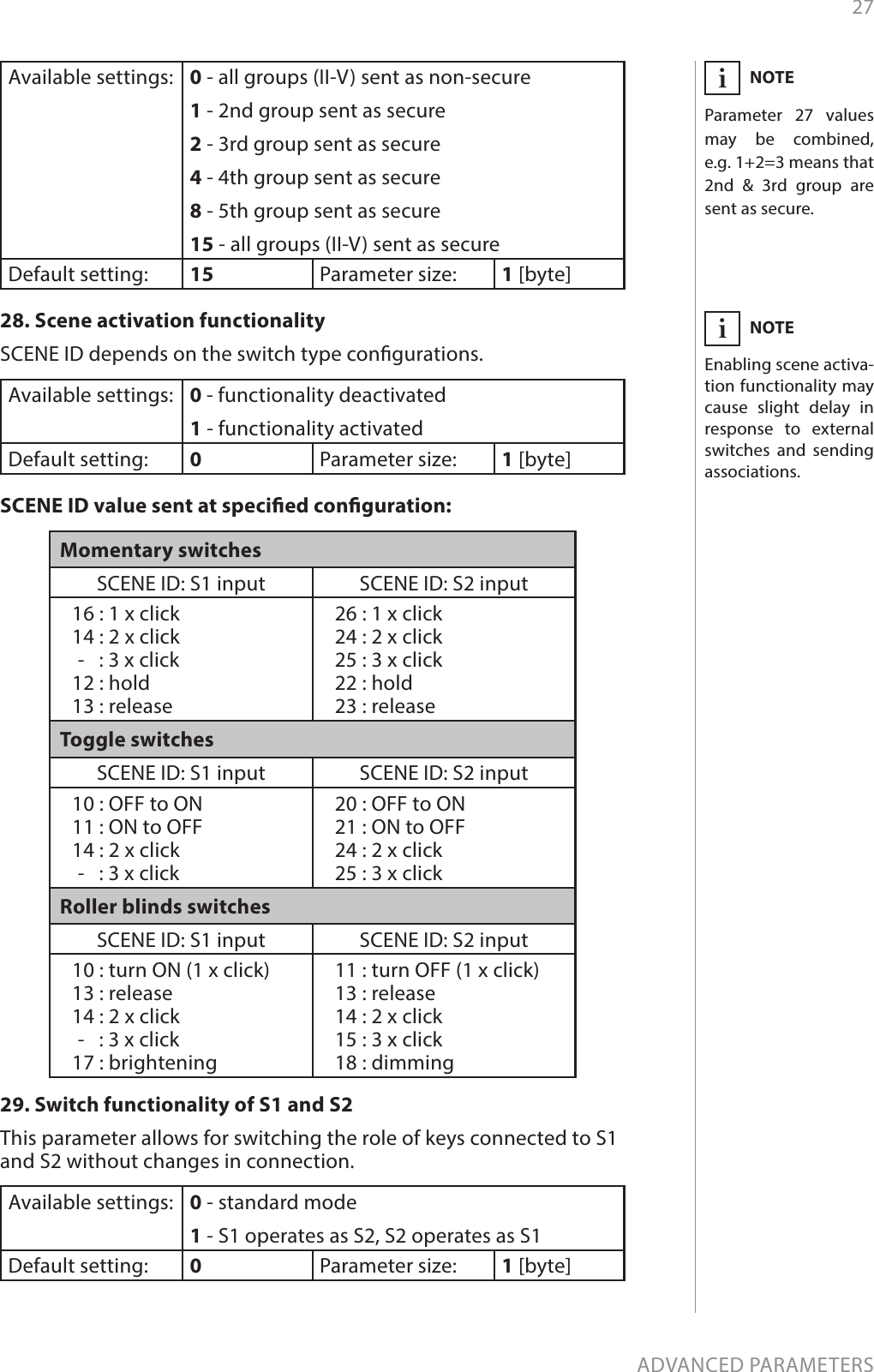 27ADVANCED PARAMETERSAvailable settings: 0 - all groups (II-V) sent as non-secure 1 - 2nd group sent as secure 2 - 3rd group sent as secure 4 - 4th group sent as secure 8 - 5th group sent as secure 15 - all groups (II-V) sent as secure  Default setting:  15 Parameter size: 1 [byte]28. Scene activation functionality SCENE ID depends on the switch type congurations. Available settings: 0 - functionality deactivated 1 - functionality activated Default setting:  0Parameter size: 1 [byte]SCENE ID value sent at specied conguration:Momentary switchesSCENE ID: S1 input SCENE ID: S2 input16 : 1 x click14 : 2 x click  -   : 3 x click12 : hold13 : release26 : 1 x click24 : 2 x click25 : 3 x click22 : hold23 : releaseToggle switchesSCENE ID: S1 input SCENE ID: S2 input10 : OFF to ON11 : ON to OFF14 : 2 x click  -   : 3 x click20 : OFF to ON21 : ON to OFF24 : 2 x click25 : 3 x clickRoller blinds switchesSCENE ID: S1 input SCENE ID: S2 input10 : turn ON (1 x click)13 : release14 : 2 x click  -   : 3 x click17 : brightening11 : turn OFF (1 x click)13 : release14 : 2 x click15 : 3 x click18 : dimming29. Switch functionality of S1 and S2 This parameter allows for switching the role of keys connected to S1 and S2 without changes in connection.Available settings: 0 - standard mode 1 - S1 operates as S2, S2 operates as S1Default setting:  0Parameter size: 1 [byte]NOTEEnabling scene activa-tion functionality may cause slight delay in response to external switches and sending associations.iNOTEParameter 27 values may be combined, e.g. 1+2=3 means that 2nd &amp; 3rd group are sent as secure.i