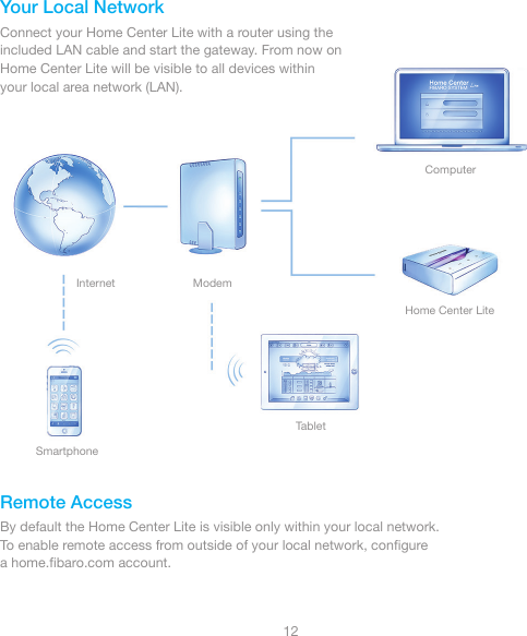 12Your Local NetworkConnect your Home Center Lite with a router using the included LAN cable and start the gateway. From now on Home Center Lite will be visible to all devices within your local area network (LAN).Remote AccessBy default the Home Center Lite is visible only within your local network. To enable remote access from outside of your local network, conﬁgure a home.ﬁbaro.com account.InternetSmartphoneTabletModemComputerHome Center Lite