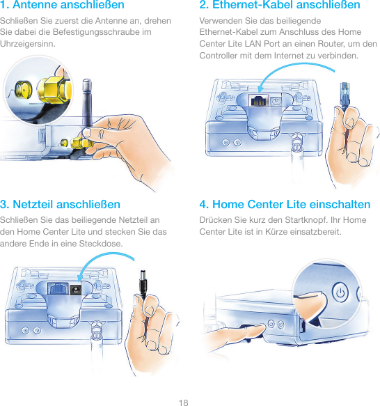 181. Antenne anschließen  2. Ethernet-Kabel anschließen3. Netzteil anschließen 4. Home Center Lite einschaltenSchließen Sie zuerst die Antenne an, drehen Sie dabei die Befestigungsschraube im Uhrzeigersinn. Verwenden Sie das beiliegende Ethernet-Kabel zum Anschluss des Home Center Lite LAN Port an einen Router, um den Controller mit dem Internet zu verbinden.Schließen Sie das beiliegende Netzteil an den Home Center Lite und stecken Sie das andere Ende in eine Steckdose.Drücken Sie kurz den Startknopf. Ihr Home Center Lite ist in Kürze einsatzbereit.