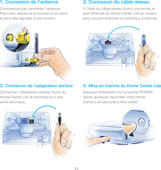 251. Connexion de l’antenne  2. Connexion du câble réseau3. Connexion de l’adaptateur secteur 4. Mise en marche du Home Center LiteCommencez par connecter l’antenne.Pour cela, placez-la et tournez la vis dans le sens des aiguilles d’une montre. A l’aide du câble réseau fourni, connectez le port Ethernet du Home Center Lite au routeur pour pouvoir brancher le contrôleur à Internet.Connectez l’adaptateur secteur fourni au Home Center Lite et branchez-le à une prise électrique.Appuyez brièvement sur la touche POWER. Après quelques secondes votre Home Center Lite sera prêt à être utilisé!