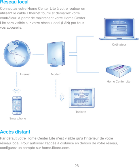 26Réseau localConnectez votre Home Center Lite à votre routeur en utilisant le cable Ethernet fourni et démarrez votre contrôleur. A partir de maintenant votre Home Center Lite sera visible sur votre réseau local (LAN) par tous vos appareils.Accès distantPar défaut votre Home Center Lite n’est visible qu’à l’intérieur de votre réseau local. Pour autoriser l’accès à distance en dehors de votre réseau, conﬁgurez un compte sur home.ﬁbaro.com.InternetSmartphoneTabletteModemOrdinateurHome Center Lite