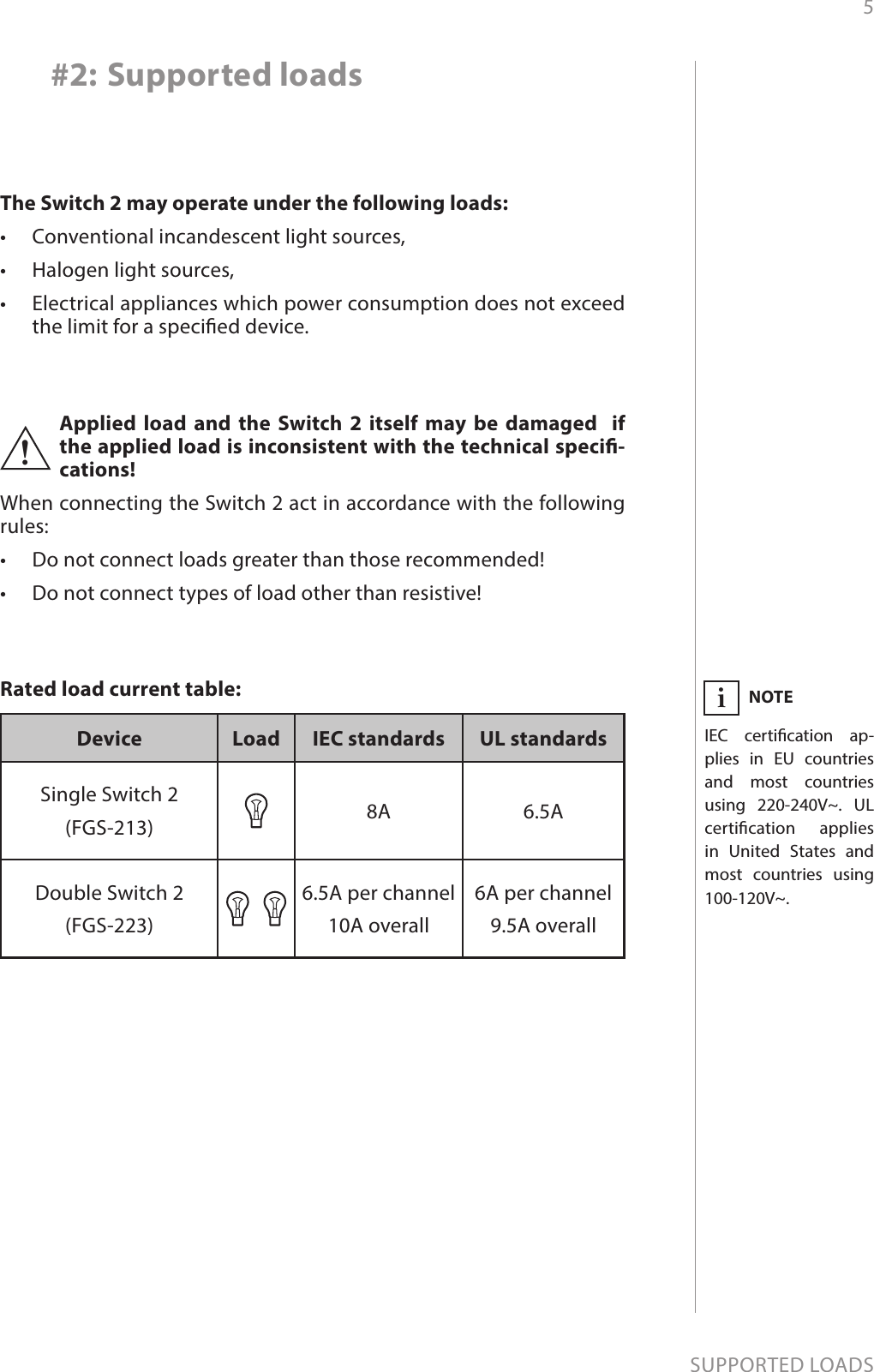 5SUPPORTED LOADS#2: Supported loadsThe Switch 2 may operate under the following loads:•  Conventional incandescent light sources,•  Halogen light sources,•  Electrical appliances which power consumption does not exceed the limit for a specied device.Applied load and the Switch 2 itself may be damaged  if the applied load is inconsistent with the technical speci-cations!When connecting the Switch 2 act in accordance with the following rules:•  Do not connect loads greater than those recommended!•  Do not connect types of load other than resistive!!Device Load IEC standards UL standardsSingle Switch 2 (FGS-213)      8A 6.5ADouble Switch 2 (FGS-223)    6.5A per channel10A overall6A per channel9.5A overallRated load current table: NOTEIEC certication ap-plies in EU countries and most countries using 220-240V~. UL certication applies in United States and most countries using 100-120V~.i