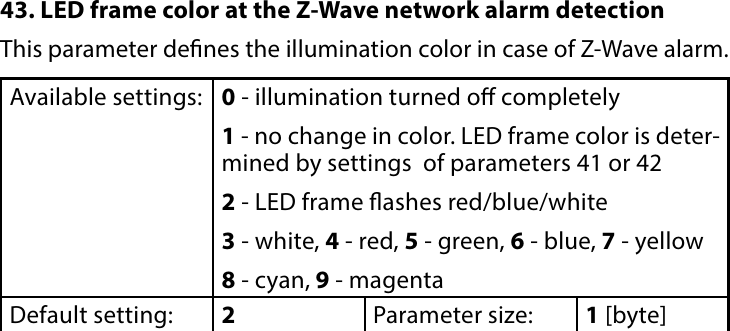 19ADVANCED PARAMETERS43. LED frame color at the Z-Wave network alarm detectionThis parameter denes the illumination color in case of Z-Wave alarm.Available settings: 0 - illumination turned o completely1 - no change in color. LED frame color is deter-mined by settings  of parameters 41 or 422 - LED frame ashes red/blue/white3 - white, 4 - red, 5 - green, 6 - blue, 7 - yellow8 - cyan, 9 - magentaDefault setting:  2Parameter size: 1 [byte]