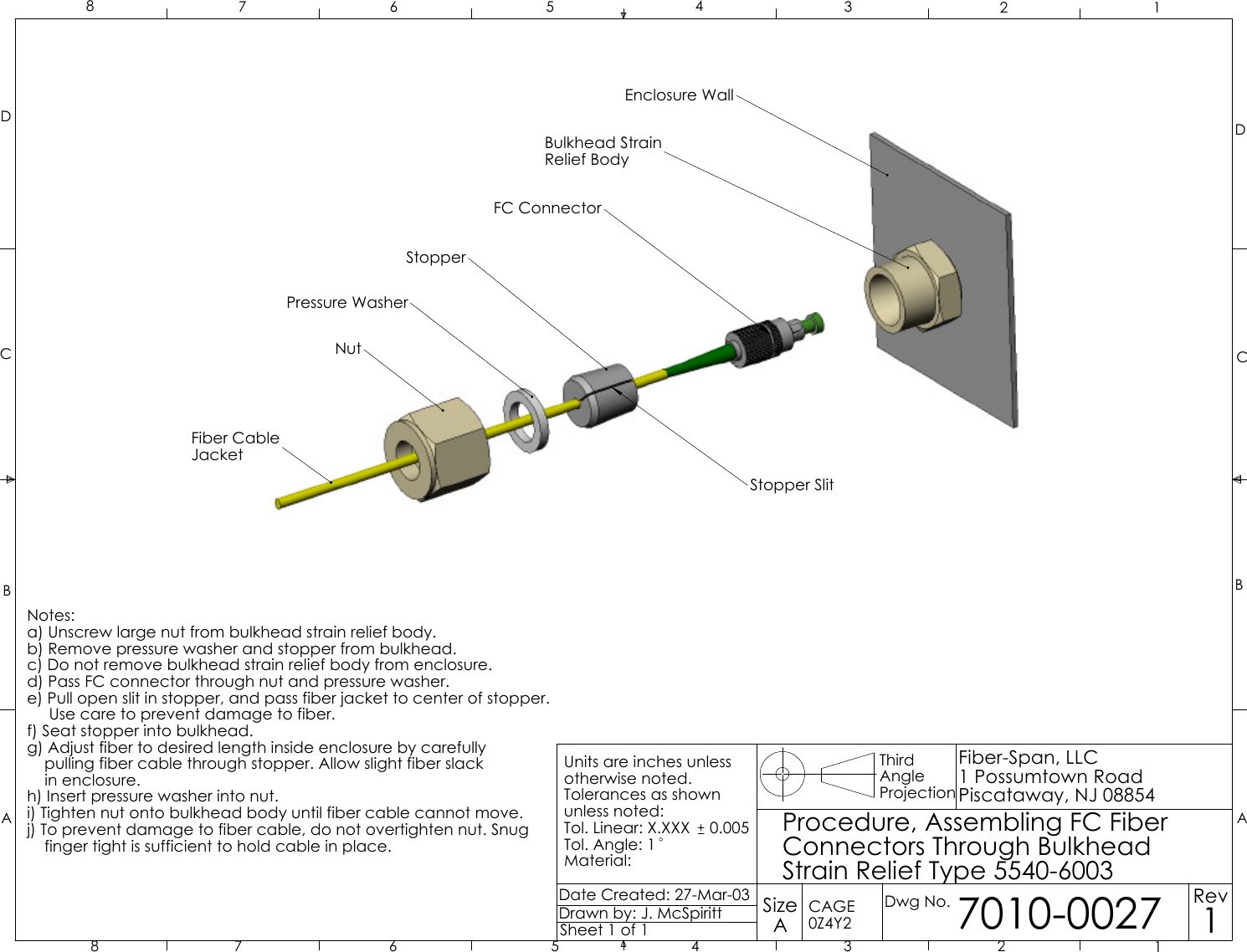 Fiber CableJacketNutPressure WasherStopperFC ConnectorBulkhead StrainRelief BodyEnclosure WallStopper SlitNotes:a) Unscrew large nut from bulkhead strain relief body.b) Remove pressure washer and stopper from bulkhead.c) Do not remove bulkhead strain relief body from enclosure.d) Pass FC connector through nut and pressure washer.e) Pull open slit in stopper, and pass fiber jacket to center of stopper.     Use care to prevent damage to fiber.f) Seat stopper into bulkhead.g) Adjust fiber to desired length inside enclosure by carefully    pulling fiber cable through stopper. Allow slight fiber slack    in enclosure.h) Insert pressure washer into nut.i) Tighten nut onto bulkhead body until fiber cable cannot move.j) To prevent damage to fiber cable, do not overtighten nut. Snug    finger tight is sufficient to hold cable in place.ABCD12345678ABCD12345678SizeAFiber-Span, LLC1 Possumtown RoadPiscataway, NJ 08854Units are inches unlessotherwise noted.Tolerances as shownunless noted:Tol. Linear: X.XXX   0.005Tol. Angle: 1Material:Date Created: 27-Mar-03 Rev1Dwg No.CAGE0Z4Y2 7010-0027Drawn by: J. McSpirittSheet 1 of 1Procedure, Assembling FC FiberConnectors Through BulkheadStrain Relief Type 5540-6003ThirdAngleProjection