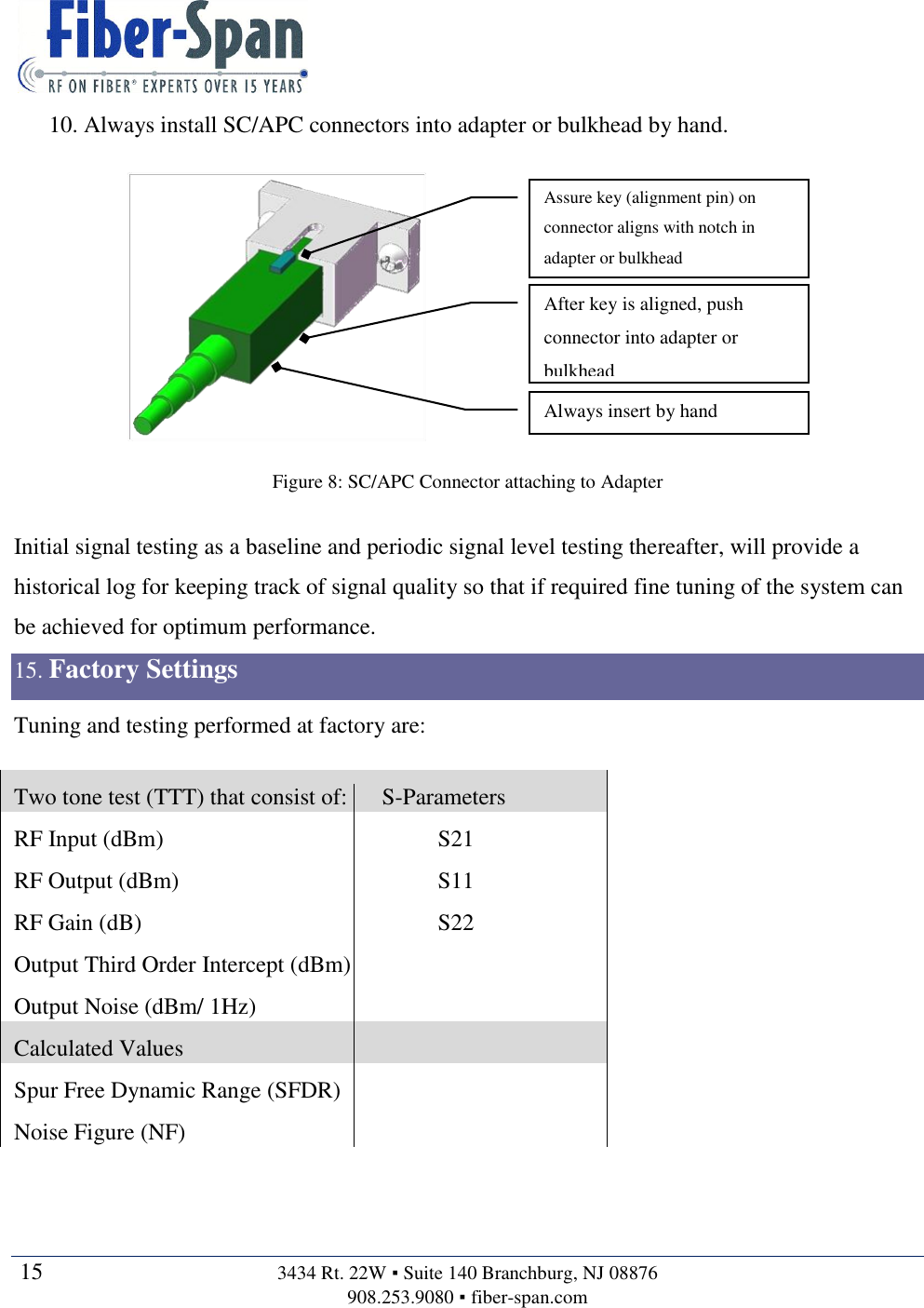   15  3434 Rt. 22W ▪ Suite 140 Branchburg, NJ 08876 908.253.9080 ▪ fiber-span.com   10. Always install SC/APC connectors into adapter or bulkhead by hand.   Initial signal testing as a baseline and periodic signal level testing thereafter, will provide a historical log for keeping track of signal quality so that if required fine tuning of the system can be achieved for optimum performance. 15. Factory Settings Tuning and testing performed at factory are: Two tone test (TTT) that consist of:  S-Parameters RF Input (dBm) S21 RF Output (dBm) S11 RF Gain (dB) S22 Output Third Order Intercept (dBm)  Output Noise (dBm/ 1Hz)  Calculated Values   Spur Free Dynamic Range (SFDR)  Noise Figure (NF)   Assure key (alignment pin) on connector aligns with notch in adapter or bulkhead Always insert by hand After key is aligned, push connector into adapter or bulkhead Figure 8: SC/APC Connector attaching to Adapter 