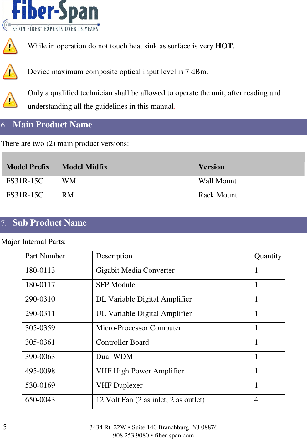   5  3434 Rt. 22W ▪ Suite 140 Branchburg, NJ 08876 908.253.9080 ▪ fiber-span.com    While in operation do not touch heat sink as surface is very HOT.  Device maximum composite optical input level is 7 dBm.  Only a qualified technician shall be allowed to operate the unit, after reading and understanding all the guidelines in this manual. 6. Main Product Name There are two (2) main product versions: Model Prefix Model Midfix  Version FS31R-15C WM  Wall Mount FS31R-15C RM  Rack Mount  7. Sub Product Name Major Internal Parts: Part Number Description Quantity 180-0113 Gigabit Media Converter 1 180-0117 SFP Module 1 290-0310 DL Variable Digital Amplifier 1 290-0311 UL Variable Digital Amplifier 1 305-0359 Micro-Processor Computer 1 305-0361 Controller Board 1 390-0063 Dual WDM 1 495-0098 VHF High Power Amplifier 1 530-0169 VHF Duplexer 1 650-0043 12 Volt Fan (2 as inlet, 2 as outlet) 4 