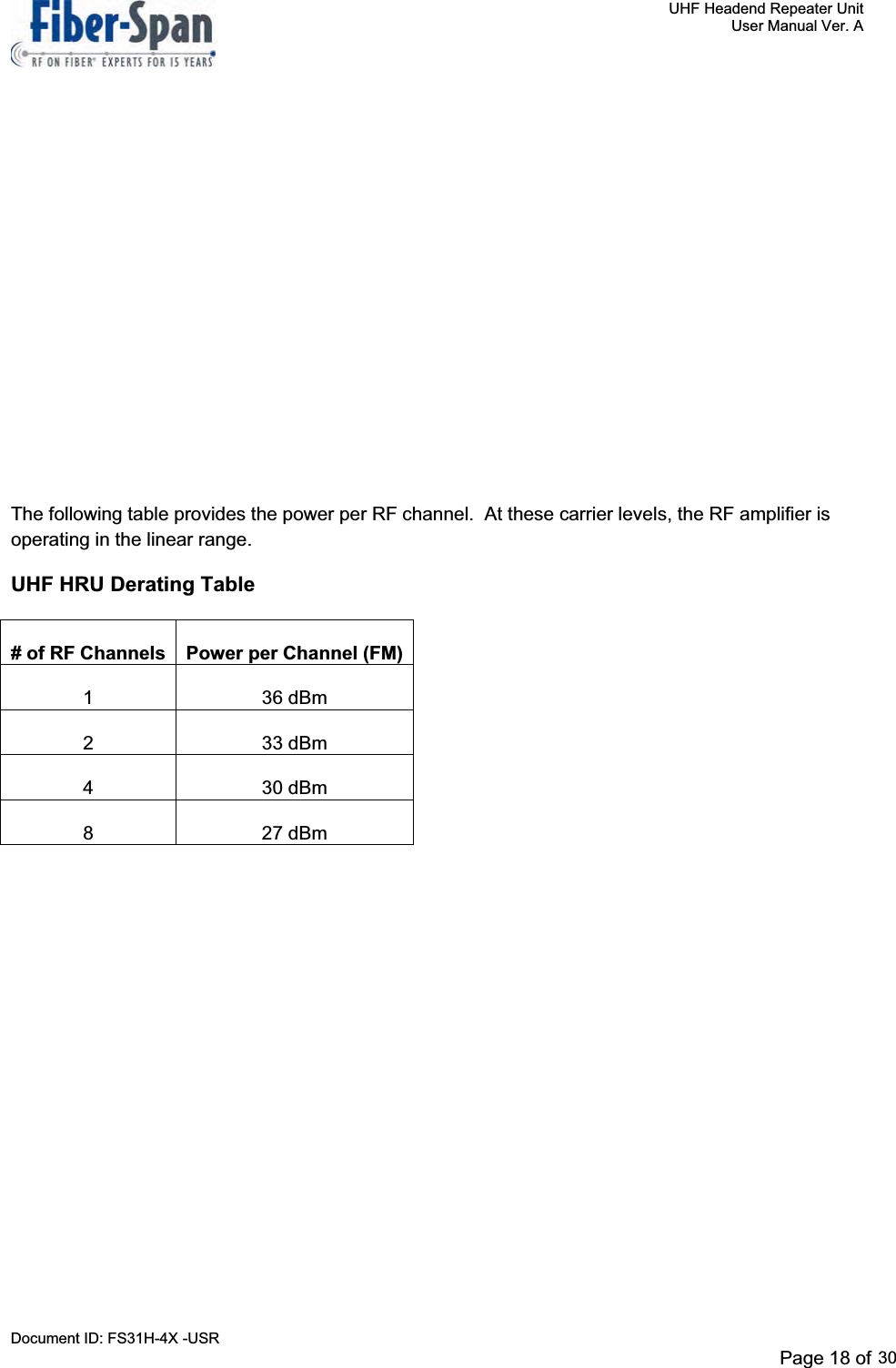     UHF Headend Repeater Unit     User Manual Ver. A Document ID: FS31H-4X -USR              Page 18 of 32   UHF HRU Frequency Arrangements and Enclosure Sizes Passband  Tx-Rx Separation  Enclosure Size 0.5 MHz  5 MHz  20”x20”x9” 1.2 MHz  3 MHz  24”x24”x9” 3 MHz  5 MHz  24”x24”x9” 3 MHz  9 MHz or 10 MHz  20”x20”x9”  5 MHz  9 MHz or 10 MHz  20”x20”x9” The following table provides the power per RF channel.  At these carrier levels, the RF amplifier is operating in the linear range. UHF HRU Derating Table# of RF Channels  Power per Channel (FM)1 36 dBm2 33 dBm4 30 dBm8 27 dBmPage 18 of 2930