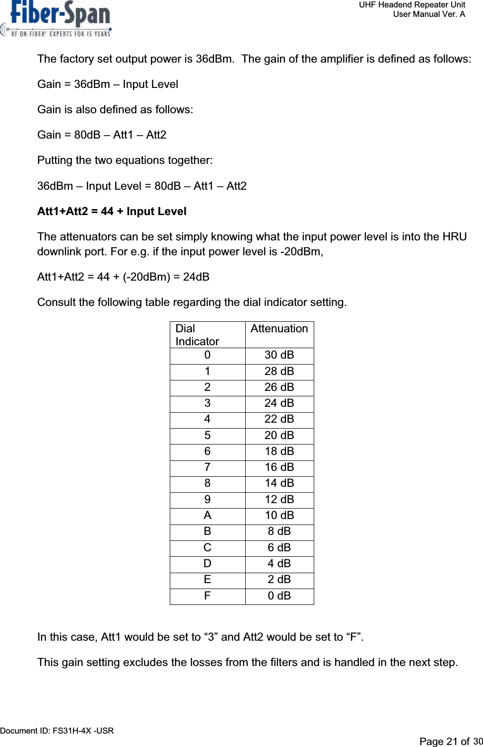     UHF Headend Repeater Unit     User Manual Ver. A Document ID: FS31H-4X -USR              Page 23 of 32   The factory set output power is 36dBm.  The gain of the amplifier is defined as follows: Gain = 36dBm – Input Level Gain is also defined as follows: Gain = 80dB – Att1 – Att2 Putting the two equations together: 36dBm – Input Level = 80dB – Att1 – Att2 Att1+Att2 = 44 + Input Level The attenuators can be set simply knowing what the input power level is into the HRU downlink port. For e.g. if the input power level is -20dBm, Att1+Att2 = 44 + (-20dBm) = 24dB Consult the following table regarding the dial indicator setting. DialIndicatorAttenuation0 30 dB 1 28 dB 2 26 dB 3 24 dB 4 22 dB 5 20 dB 6 18 dB 7 16 dB 8 14 dB 9 12 dB A 10 dB B 8 dB C 6 dB D 4 dB E 2 dB F 0 dB In this case, Att1 would be set to “3” and Att2 would be set to “F”.   This gain setting excludes the losses from the filters and is handled in the next step. Page 21 of 2930