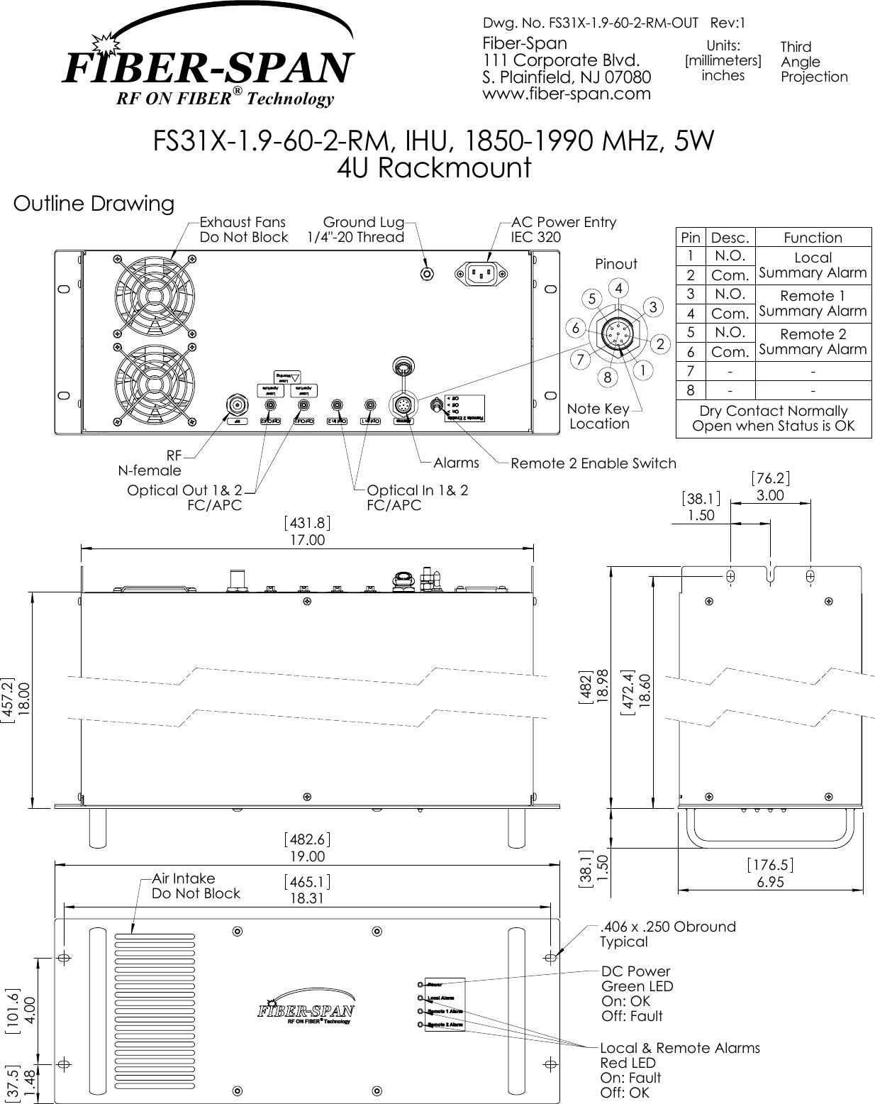 Pin Desc. Function1N.O. LocalSummary Alarm2Com.3N.O. Remote 1 Summary Alarm4Com.5N.O. Remote 2 Summary Alarm6Com.7- -8- -Dry Contact Normally Open when Status is OK111 Corporate Blvd.www.fiber-span.com Dwg. No. FS31X-1.9-60-2-RM-OUT   Rev:1[millimeters]Projection4U RackmountFS31X-1.9-60-2-RM, IHU, 1850-1990 MHz, 5WUnits:inchesS. Plainfield, NJ 07080Fiber-Span ThirdAngleOutline Drawing1.5038.118.9876.238.14823.001.506.95176.5AlarmsFC/APCOptical In 1&amp; 2RFN-femaleGround Lug1/4&quot;-20 ThreadAC Power EntryIEC 320PinoutExhaust FansDo Not BlockOptical Out 1&amp; 2FC/APCRemote 2 Enable Switch78123456Note KeyLocationGreen LEDDC PowerOff: FaultOn: OKDo Not BlockAir IntakeTypical.406 x .250 ObroundLocal &amp; Remote AlarmsRed LEDOn: FaultOff: OK465.118.31482.619.004.00101.61.4837.517.00431.818.00457.218.60472.4FIBER-SPAN RF ON FIBER® Technology