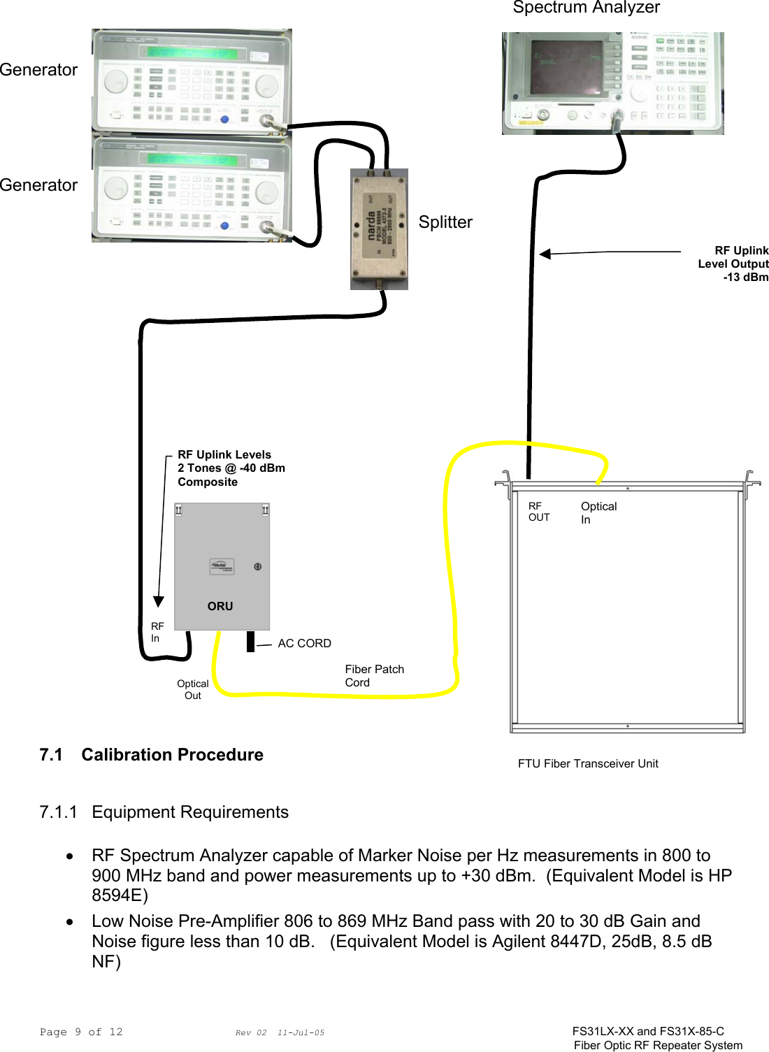 Page 9 of 12                Rev 02  11-Jul-05                                    FS31LX-XX and FS31X-85-C Fiber Optic RF Repeater System                            7.1 Calibration Procedure  7.1.1 Equipment Requirements •  RF Spectrum Analyzer capable of Marker Noise per Hz measurements in 800 to 900 MHz band and power measurements up to +30 dBm.  (Equivalent Model is HP 8594E) •  Low Noise Pre-Amplifier 806 to 869 MHz Band pass with 20 to 30 dB Gain and Noise figure less than 10 dB.   (Equivalent Model is Agilent 8447D, 25dB, 8.5 dB NF) RF Uplink Levels 2 Tones @ -40 dBm Composite AC CORDORU RF UplinkLevel Output-13 dBmFiber Patch CordFTU Fiber Transceiver Unit Optical Out RF In Optical In RF OUTGenerator Generator Splitter Spectrum Analyzer 