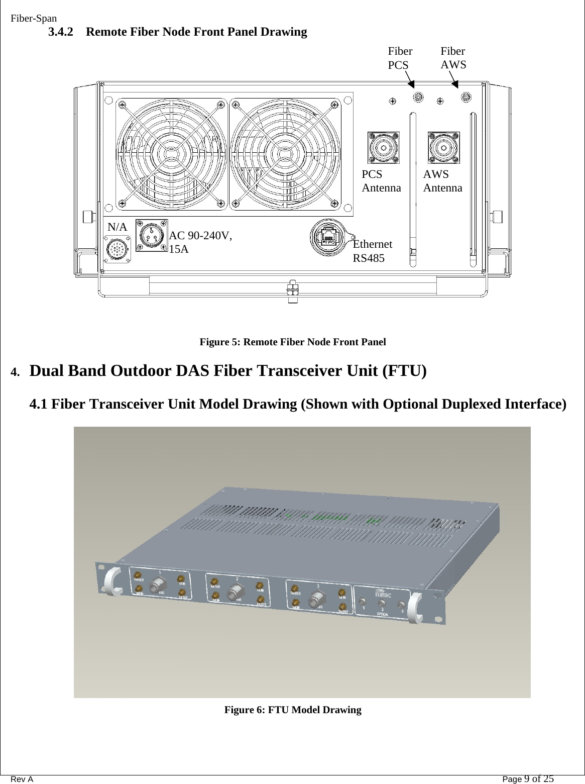 Fiber-Span      Rev A       Page 9 of 25 3.4.2 Remote Fiber Node Front Panel Drawing  Fiber  PCS  Fiber AWS PCS AntennaAWS  Antenna Ethernet  RS485  AC 90-240V, 15A   N/A  Figure 5: Remote Fiber Node Front Panel 4. Dual Band Outdoor DAS Fiber Transceiver Unit (FTU)   4.1 Fiber Transceiver Unit Model Drawing (Shown with Optional Duplexed Interface)   Figure 6: FTU Model Drawing   