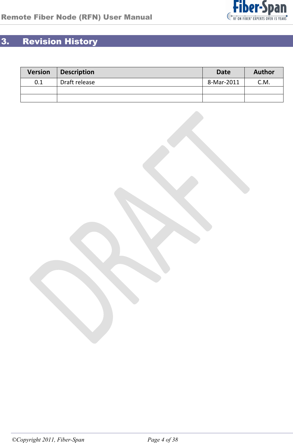 Remote Fiber Node (RFN) User Manual ©Copyright 2011, Fiber-Span  Page 4 of 38 3. Revision History   VersionDescriptionDateAuthor0.1Draftrelease8‐Mar‐2011C.M.             