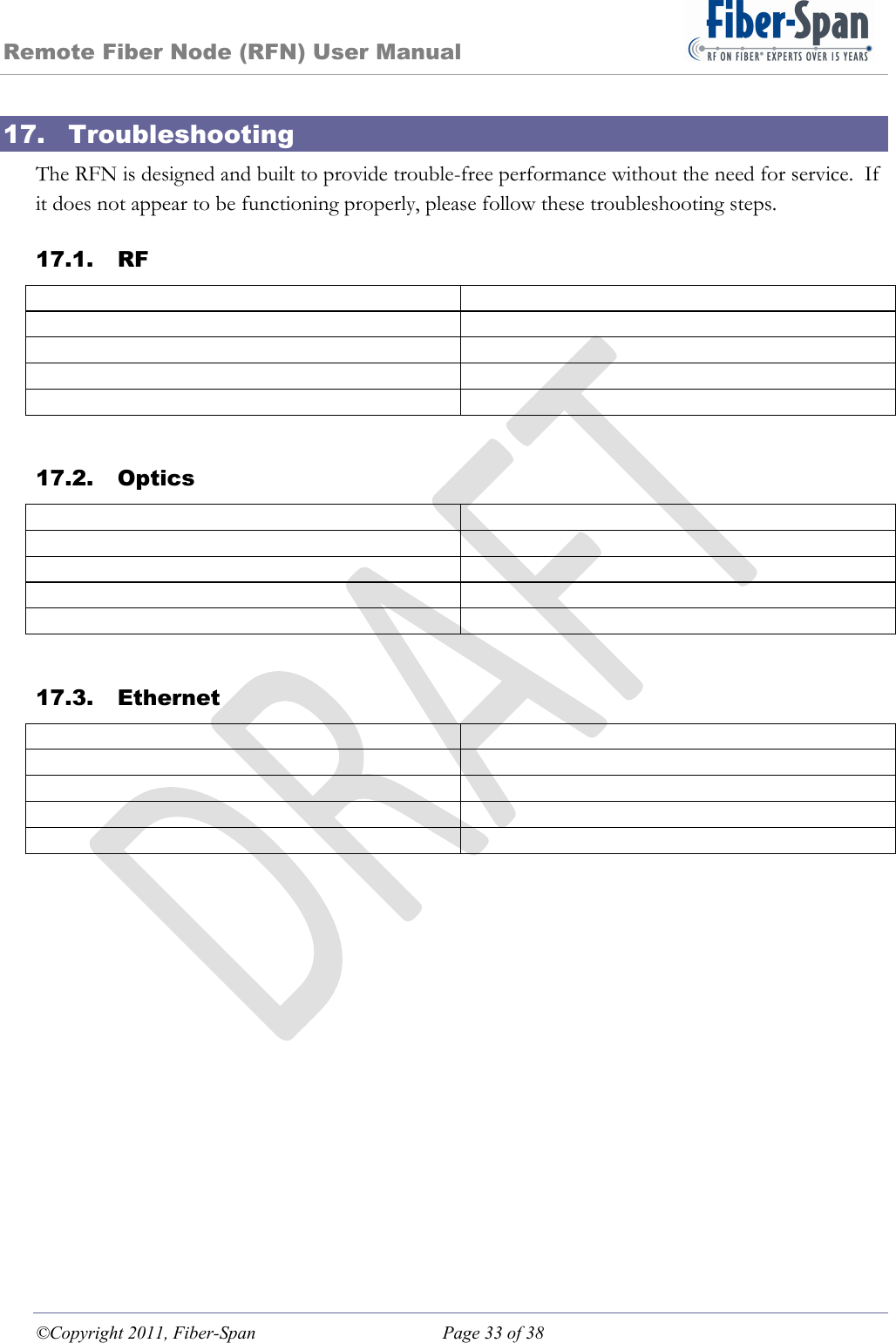 Remote Fiber Node (RFN) User Manual ©Copyright 2011, Fiber-Span  Page 33 of 38 17. Troubleshooting The RFN is designed and built to provide trouble-free performance without the need for service.  If it does not appear to be functioning properly, please follow these troubleshooting steps. 17.1. RF            17.2. Optics            17.3. Ethernet            