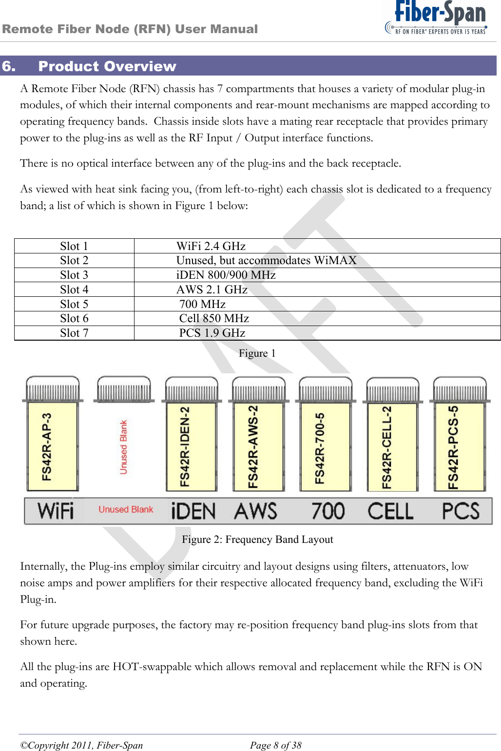 Remote Fiber Node (RFN) User Manual ©Copyright 2011, Fiber-Span  Page 8 of 38 6. Product Overview A Remote Fiber Node (RFN) chassis has 7 compartments that houses a variety of modular plug-in modules, of which their internal components and rear-mount mechanisms are mapped according to operating frequency bands.  Chassis inside slots have a mating rear receptacle that provides primary power to the plug-ins as well as the RF Input / Output interface functions. There is no optical interface between any of the plug-ins and the back receptacle. As viewed with heat sink facing you, (from left-to-right) each chassis slot is dedicated to a frequency band; a list of which is shown in Figure 1 below:  Slot 1  WiFi 2.4 GHz Slot 2  Unused, but accommodates WiMAX Slot 3  iDEN 800/900 MHz Slot 4  AWS 2.1 GHz Slot 5   700 MHz Slot 6   Cell 850 MHz Slot 7   PCS 1.9 GHz Figure 1   Figure 2: Frequency Band Layout  Internally, the Plug-ins employ similar circuitry and layout designs using filters, attenuators, low noise amps and power amplifiers for their respective allocated frequency band, excluding the WiFi Plug-in. For future upgrade purposes, the factory may re-position frequency band plug-ins slots from that shown here. All the plug-ins are HOT-swappable which allows removal and replacement while the RFN is ON and operating. 