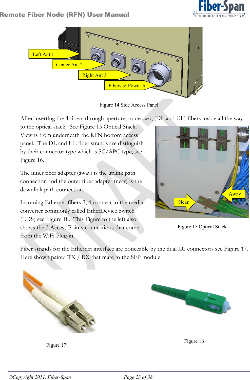 Remote Fiber Node (RFN) User Manual ©Copyright 2011, Fiber-Span  Page 23 of 38  Figure 14 Side Access Panel  After inserting the 4 fibers through aperture, route two, (DL and UL) fibers inside all the way to the optical stack.  See Figure 15 Optical Stack.  View is from underneath the RFN bottom access panel.  The DL and UL fiber strands are distinguish by their connector type which is SC/APC type, see Figure 16. The inner fiber adapter (away) is the uplink path connection and the outer fiber adapter (near) is the downlink path connection.  Incoming Ethernet fibers 3, 4 connect to the media converter commonly called EtherDevice Switch (EDS) see Figure 18.  This Figure to the left also shows the 3 Access Points connections that come from the WiFi Plug-in. Fiber strands for the Ethernet interface are noticeable by the dual LC connectors see Figure 17. Here shown paired TX / RX that mate to the SFP module.          Figure 15 Optical StackNear Away Figure 17 Figure 16 Left Ant 1 Center Ant 2 Right Ant 3Fibers &amp; Power In