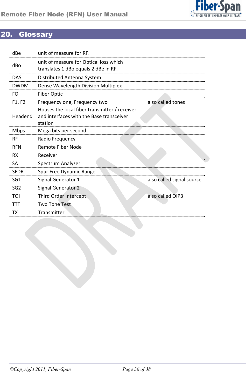 Remote Fiber Node (RFN) User Manual ©Copyright 2011, Fiber-Span  Page 36 of 38 20. Glossary   dBeunitofmeasureforRF.dBounitofmeasureforOpticallosswhichtranslates1dBoequals2dBeinRF.DASDistributedAntennaSystemDWDMDenseWavelengthDivisionMultiplexFOFiberOpticF1,F2Frequencyone,FrequencytwoalsocalledtonesHeadendHousesthelocalfibertransmitter/receiverandinterfaceswiththeBasetransceiverstationMbpsMegabitspersecondRFRadioFrequencyRFNRemoteFiberNodeRXReceiverSASpectrumAnalyzerSFDRSpurFreeDynamicRangeSG1SignalGenerator1alsocalledsignalsourceSG2SignalGenerator2TOIThirdOrderInterceptalsocalledOIP3TTTTwoToneTestTXTransmitter 