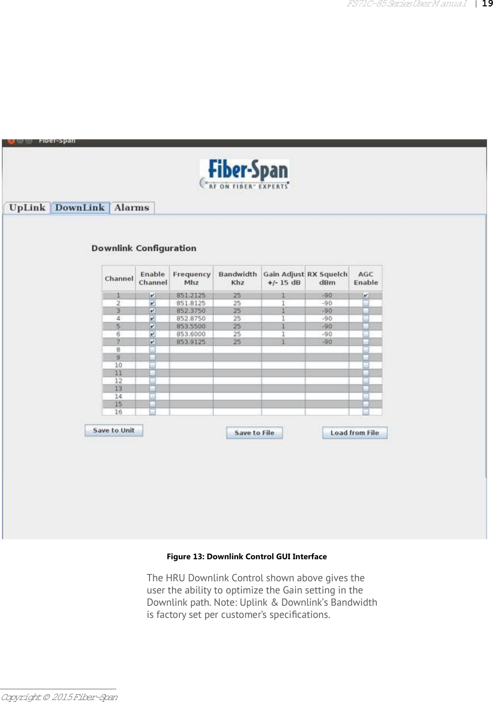 FS71C-85 Series User Manual|   19Copyright © 2015 Fiber-SpanFigure 13: Downlink Control GUI InterfaceThe HRU Downlink Control shown above gives the user the ability to optimize the Gain setting in the Downlink path. Note: Uplink &amp; Downlink’s Bandwidth is factory set per customer’s speciﬁ cations.