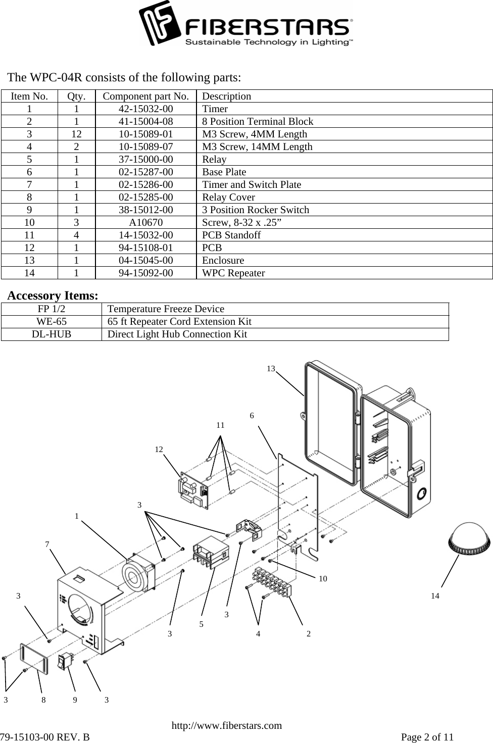   http://www.fiberstars.com 79-15103-00 REV. B    Page 2 of 11 The WPC-04R consists of the following parts:  Item No.  Qty.  Component part No.  Description 1 1 42-15032-00 Timer 2  1  41-15004-08  8 Position Terminal Block 3  12  10-15089-01  M3 Screw, 4MM Length 4  2  10-15089-07  M3 Screw, 14MM Length 5 1 37-15000-00 Relay 6 1 02-15287-00 Base Plate 7  1  02-15286-00  Timer and Switch Plate 8 1 02-15285-00 Relay Cover 9  1  38-15012-00  3 Position Rocker Switch 10  3  A10670  Screw, 8-32 x .25” 11 4 14-15032-00 PCB Standoff 12 1 94-15108-01 PCB 13 1 04-15045-00 Enclosure 14 1 94-15092-00 WPC Repeater Accessory Items: FP 1/2  Temperature Freeze Device WE-65  65 ft Repeater Cord Extension Kit DL-HUB  Direct Light Hub Connection Kit  1 2 3 3 3 3 3 4 5 6 7 8  9 3 10 13 14 12 11 